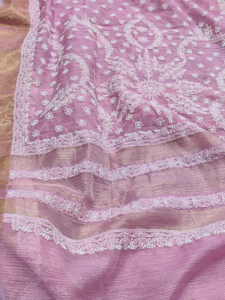 Sweety Pink Saree in Fine Chanderi Featuring Handcrafted Floral Embroidery