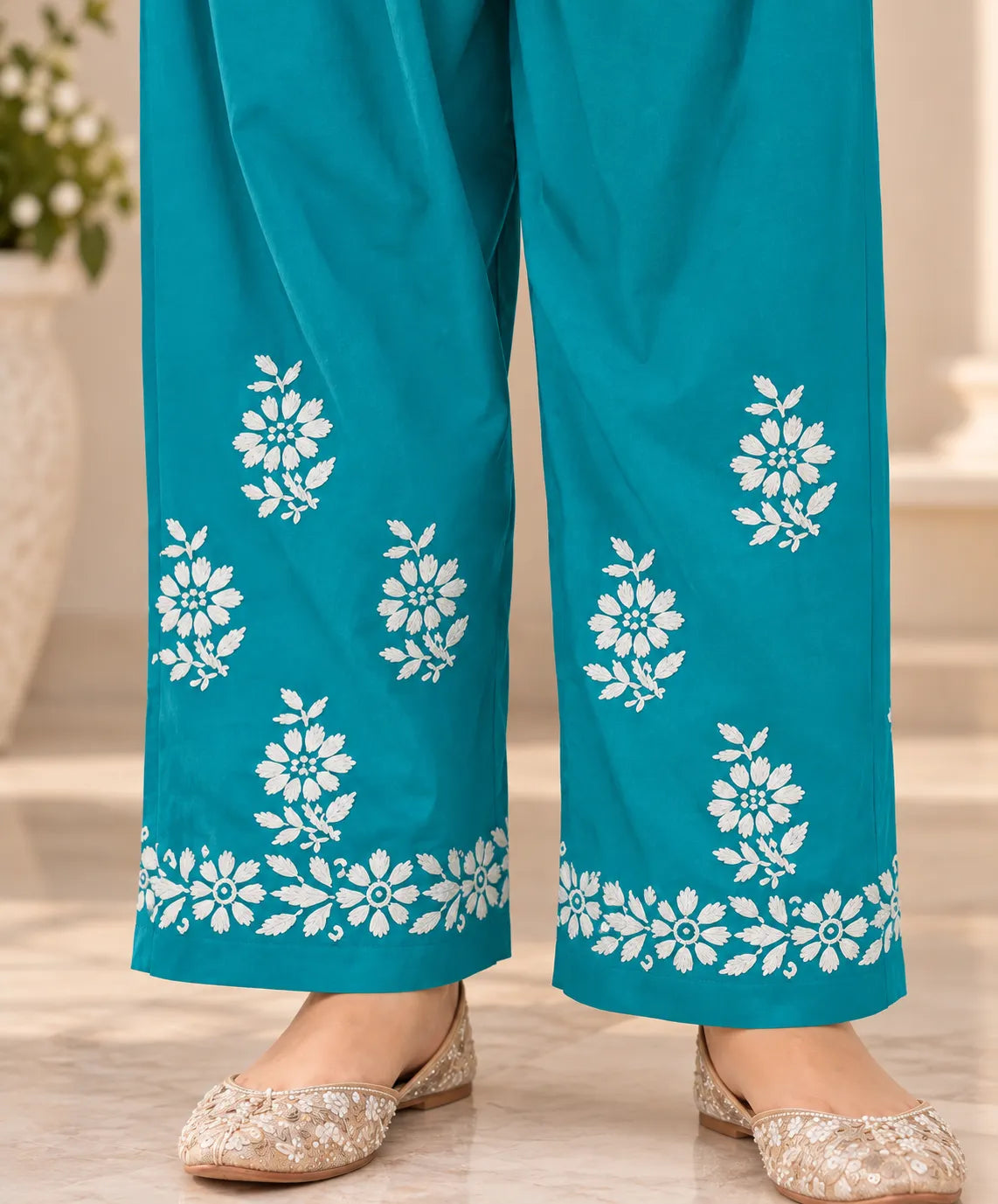 Teal Blue Floral Chikankari Rayon Ethnic Set