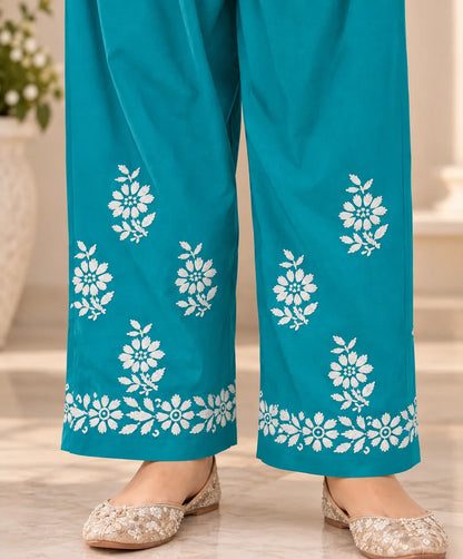 Teal Blue Floral Chikankari Rayon Ethnic Set