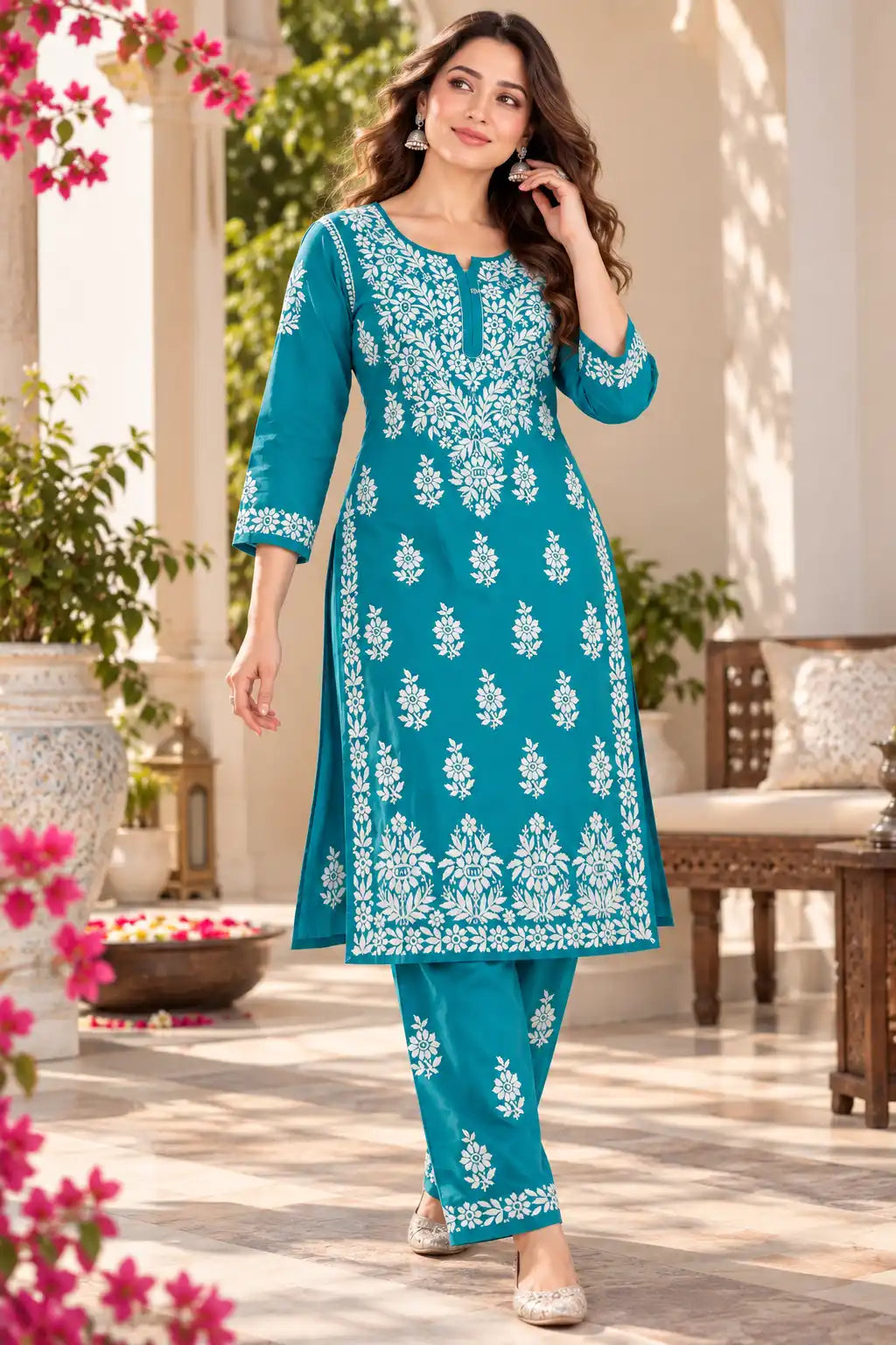 Teal Blue Rayon Chikankari Kurta Pant Set with White Floral Embroidery