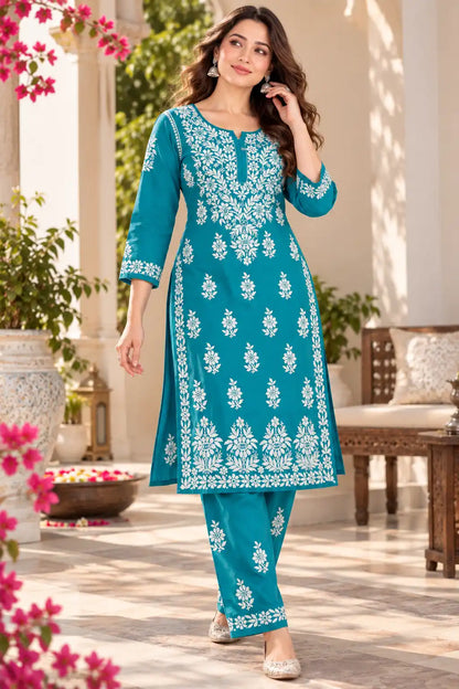 Teal Blue Rayon Chikankari Kurta Pant Set with White Floral Embroidery