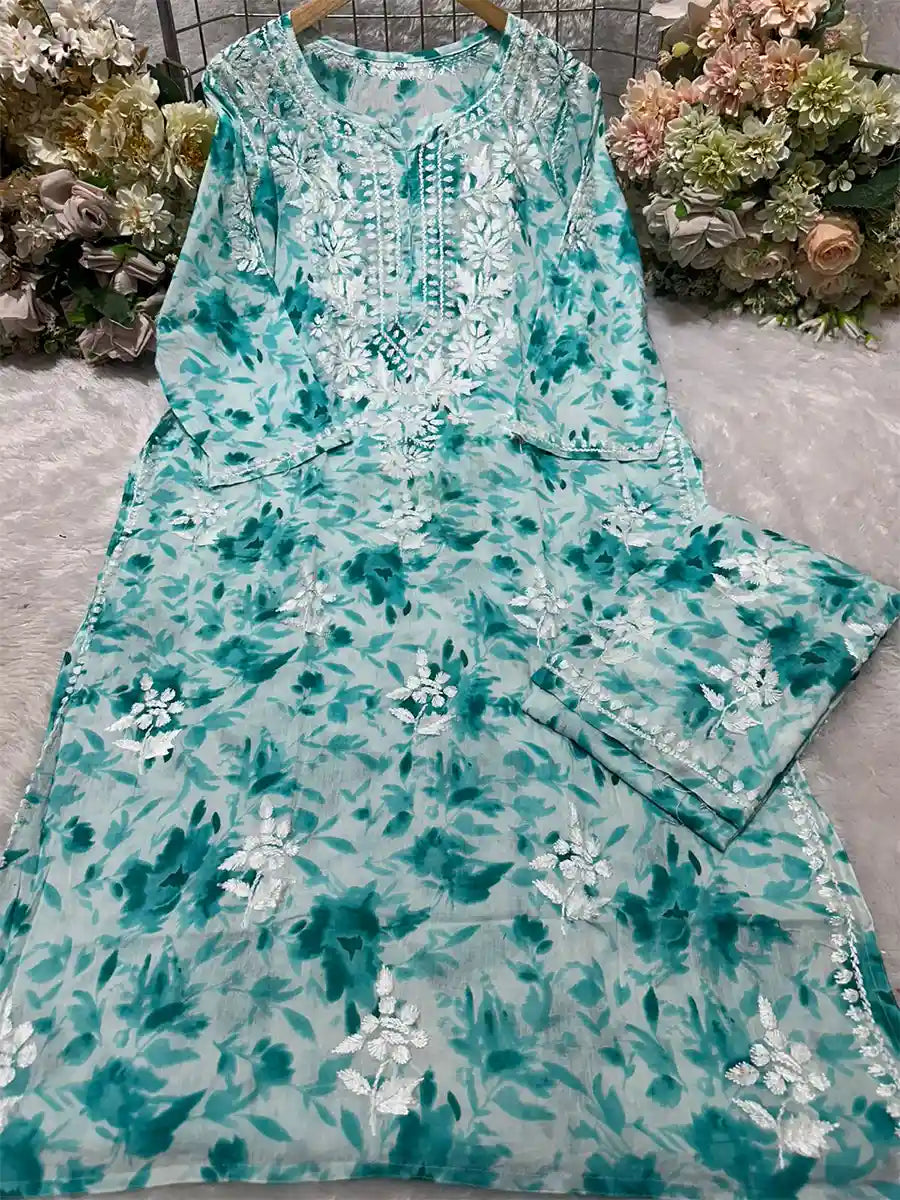 Teal Mist Green-Blue – Light aqua base with teal floral print and white embroidery