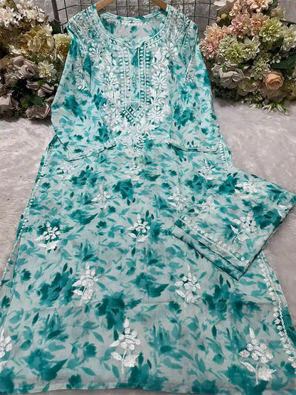 Teal Mist Green-Blue – Light aqua base with teal floral print and white embroidery