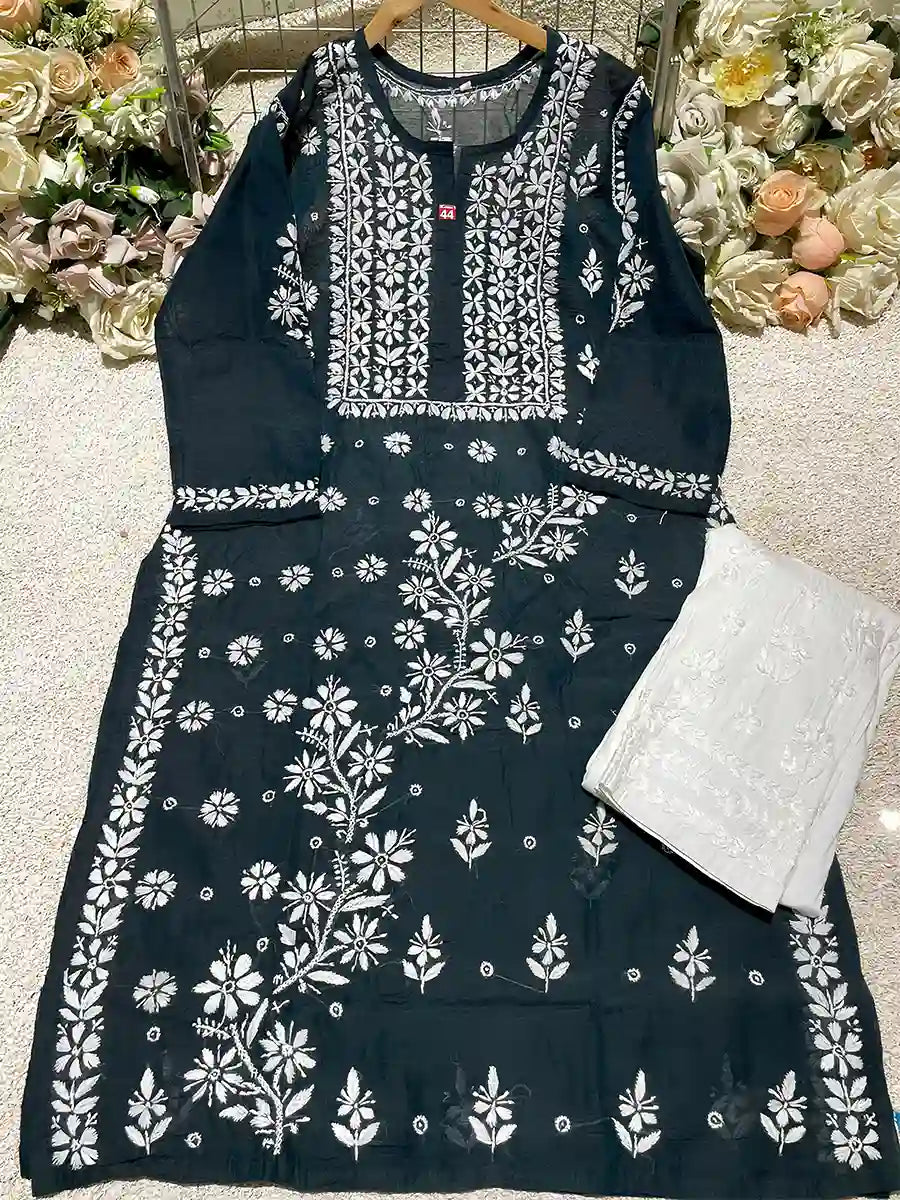 Teal blue Chanderi kurti with white hand-embroidered Chikankari details