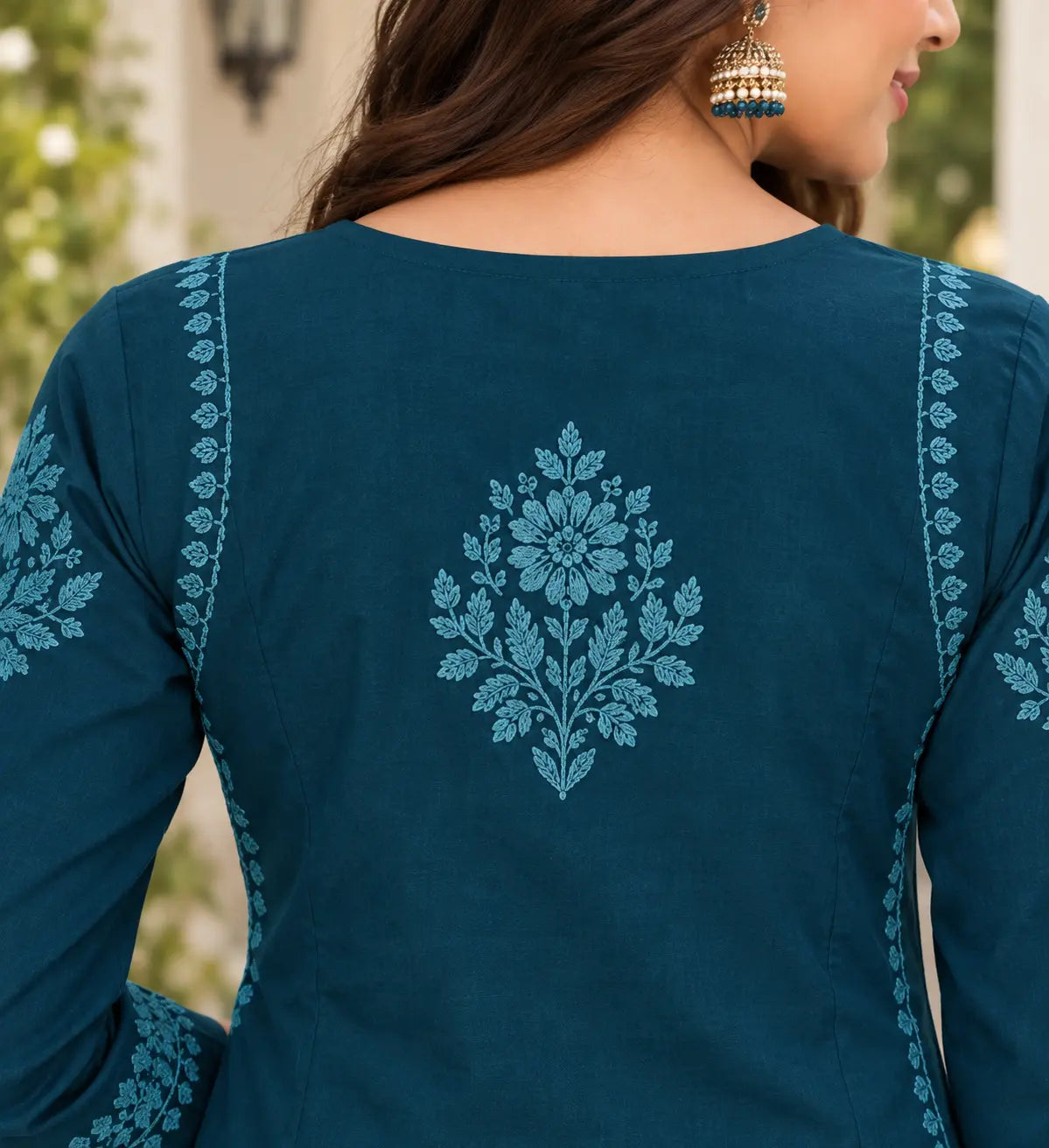 Teal blue floral embroidered Rayon kurta with matching pants