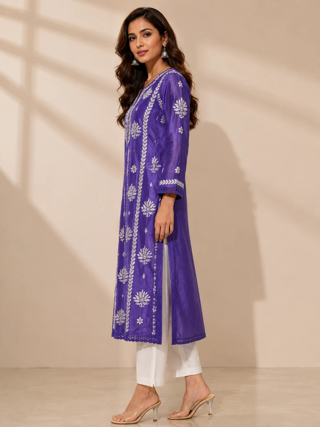 Traditional Purple Chanderi Straight Kurti for Women