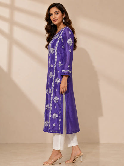 Traditional Purple Chanderi Straight Kurti for Women