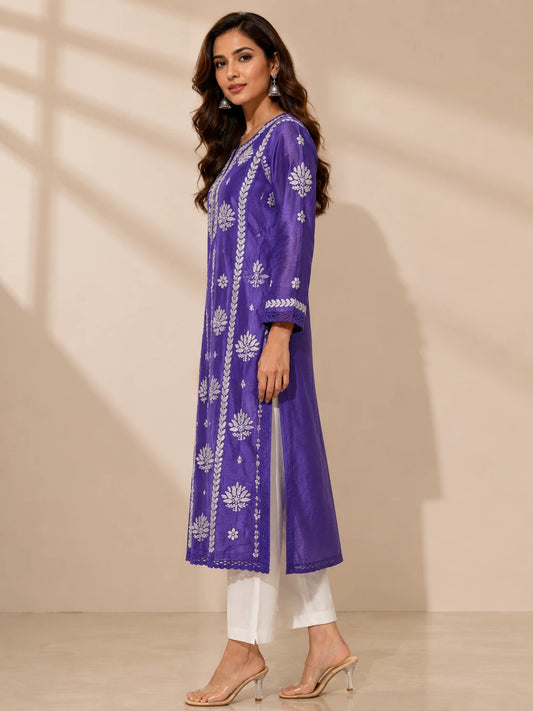 Traditional Purple Chanderi Straight Kurti for Women