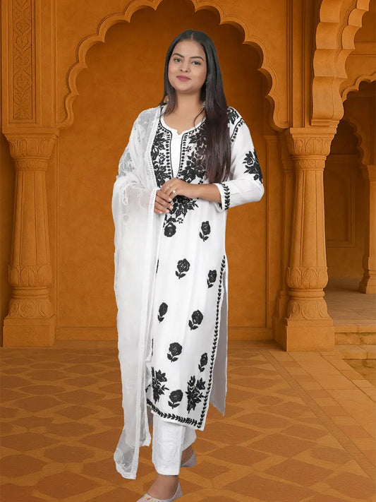 Lucknow White Chikankari Kurti with Black Rose Embroidery