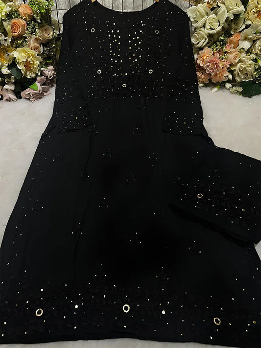 Midnight Radiance – Black Rayon Set with Mukesh Embroidery