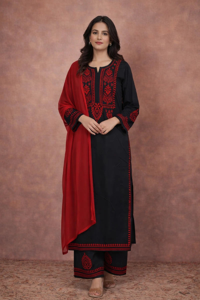 Black Soft Cotton Chikankari Palazzo Set – Red Ghaas Patti Work