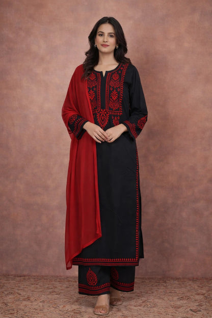 Black Soft Cotton Chikankari Palazzo Set – Red Ghaas Patti Work