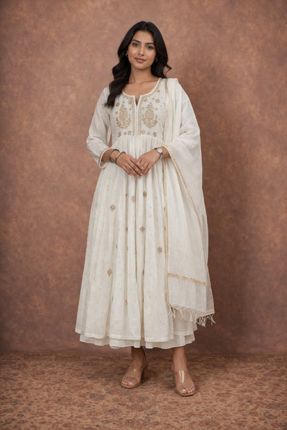 Off-White Mal Chanderi Party Wear Gown with Full Mukesh Work (Dyeable)