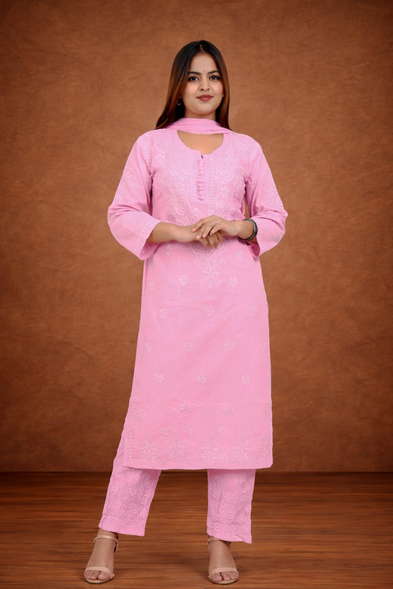 Baby Pink Chikankari Malmal 3PC Suit Set