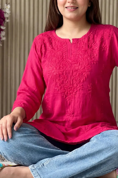 Red Bloom – Short Rayon Chikankari Kurti