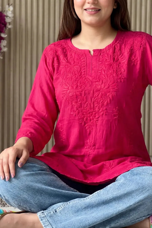 Red Bloom – Short Rayon Chikankari Kurti