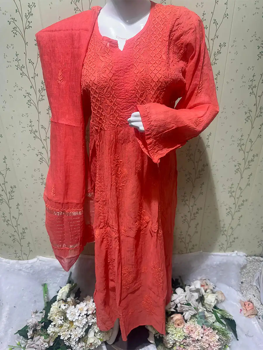 Vermillion Orange – Premium Semi-Stitched Mul Chanderi Gown with Matching Dupatta