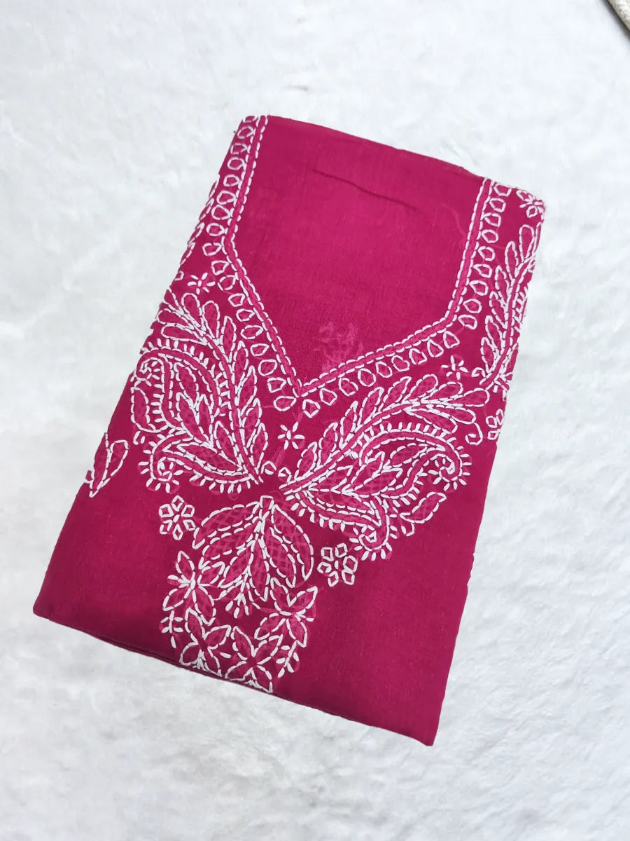 Vibrant rani pink cotton dress set with delicate white shadow and fanda embroidery.