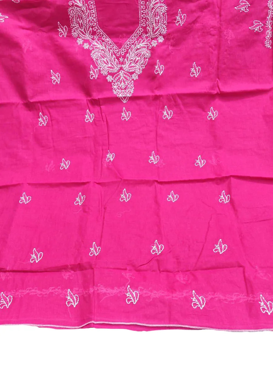 Vibrant rani pink cotton dress set with delicate white shadow and fanda embroidery(Dniza Chikankari)