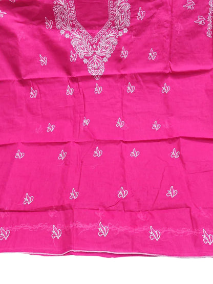 Vibrant rani pink cotton dress set with delicate white shadow and fanda embroidery(Dniza Chikankari)