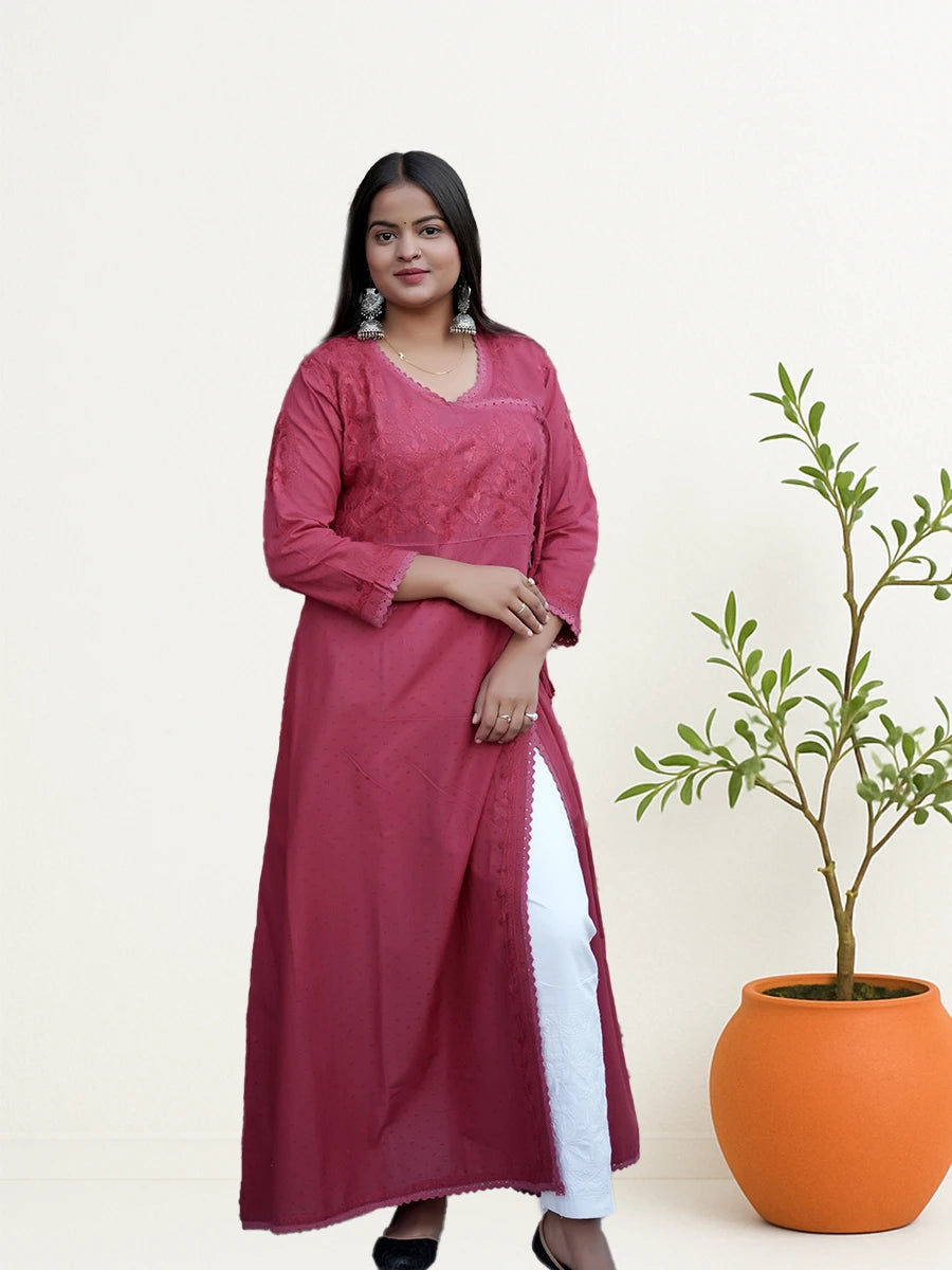 Side tie red Chikankari Angrakha kurta styled with ethnic bottomwear


