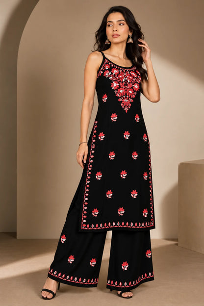 Noor Floral Embroidered Sleeveless Rayon Kurti Palazzo Set