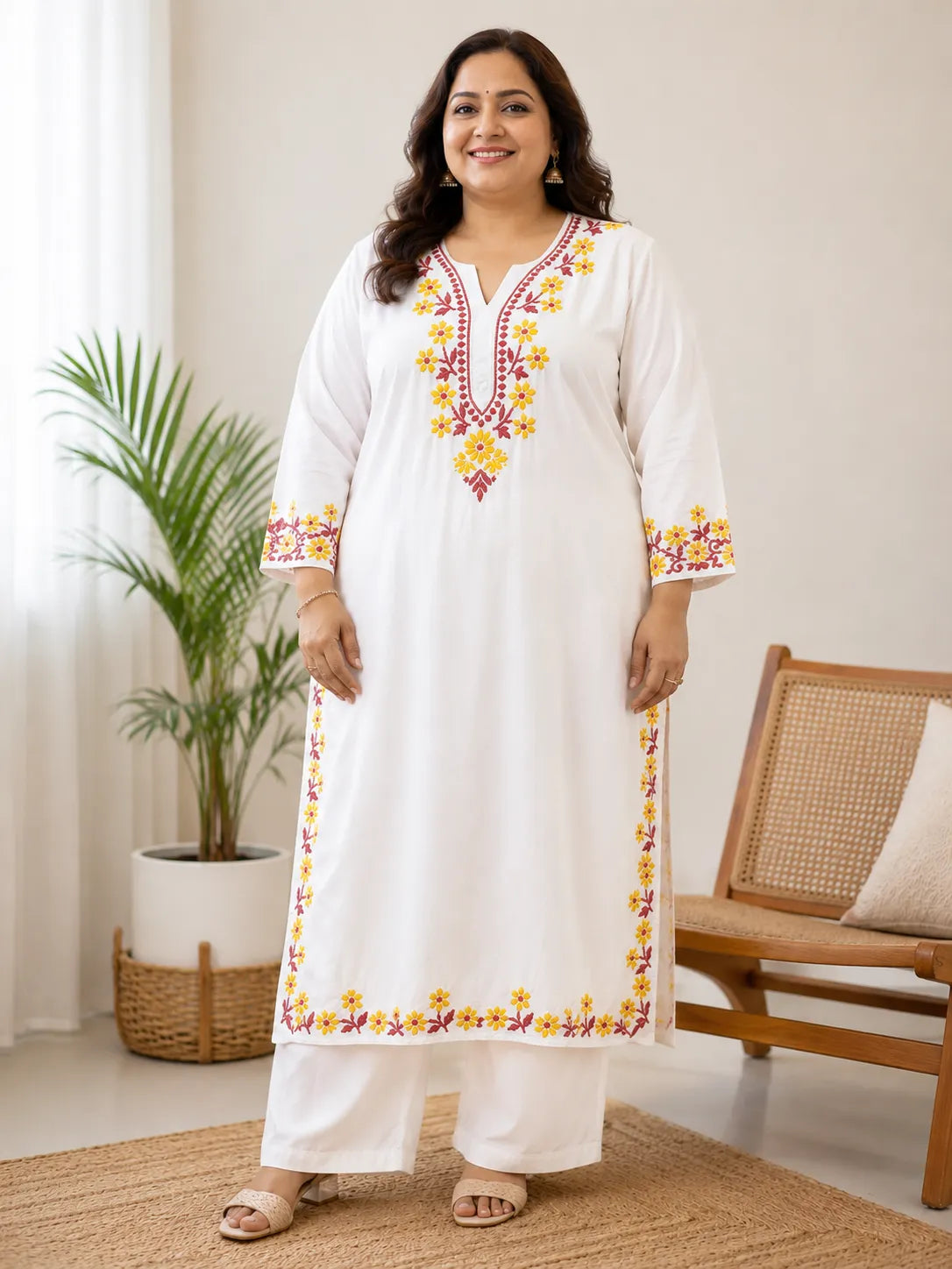 White Rayon Straight Kurta with Floral Embroidery