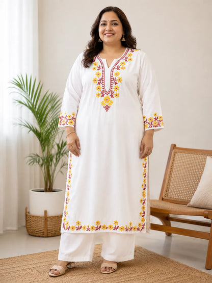 White Rayon Straight Kurta with Floral Embroidery