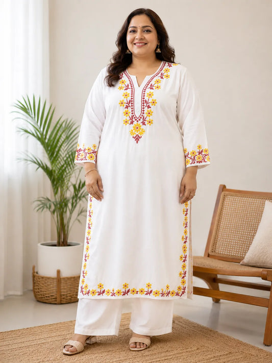 White Rayon Straight Kurta with Floral Embroidery