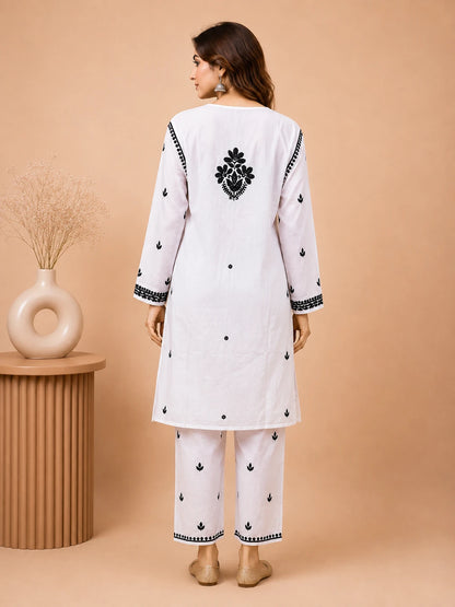 White & Black Rayon Embroidered Kurta Pant Set