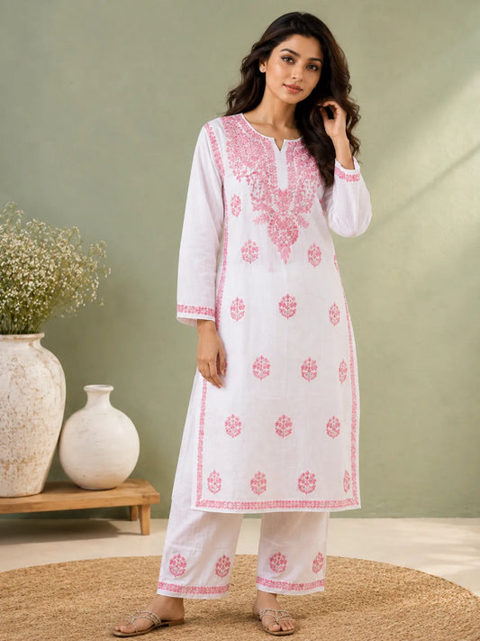 White and blush pink soft rayon embroidered kurta palazzo set for women