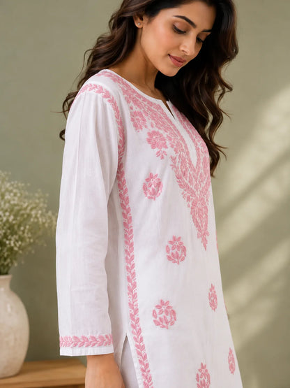 White and pink embroidered kurta palazzo ethnic set by Dniza Chikankari