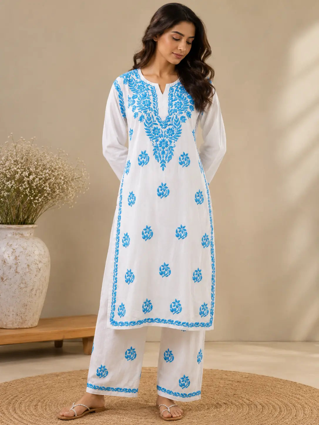 White and sky blue embroidered rayon kurta palazzo outfit for women by Dniza Chikankari