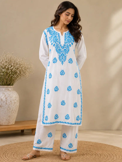 White and sky blue embroidered rayon kurta palazzo outfit for women by Dniza Chikankari
