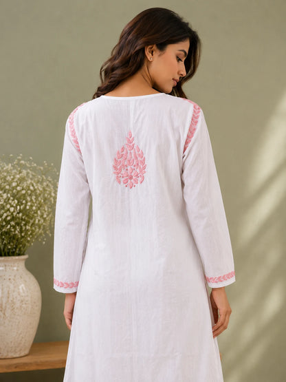 White embroidered kurta and palazzo set with delicate blush pink floral detailing