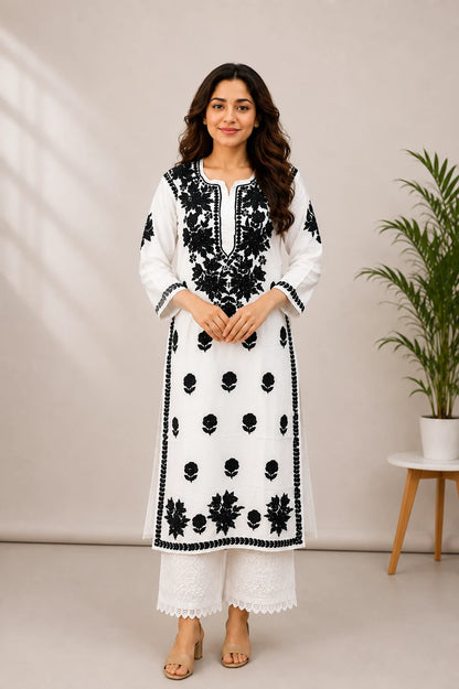 White modal kurti with black rose work embroidery for women