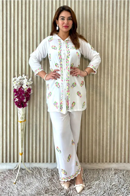 White rayon kurti set with black Chikankari threadwork front view