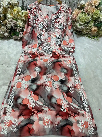 Wine Leaf Purple – Rayon Printed Kurti with White Gala Booti Embroidery