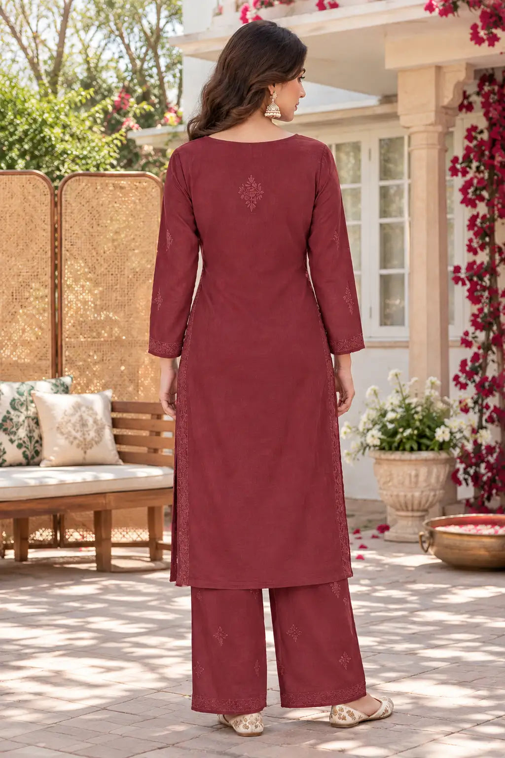 Wine rayon kurta palazzo dupatta set