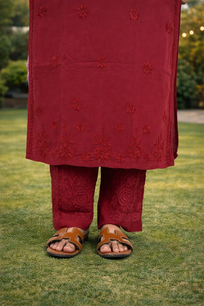 Wine red embroidered cotton malmal ethnic wear set