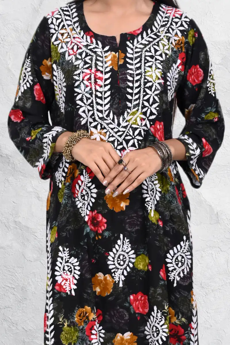 Women Black Multicolor Floral Rayon Kurti Straight Fit DNIZA
