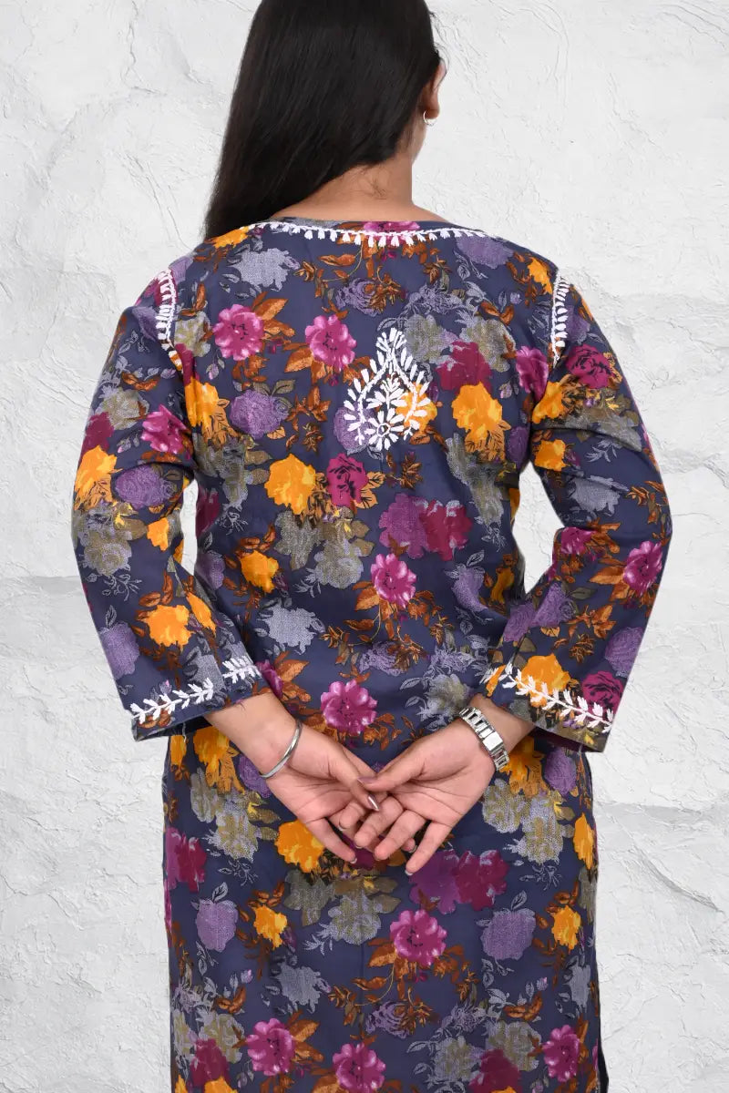 Women casual blue floral rayon kurti with embroidered pattern