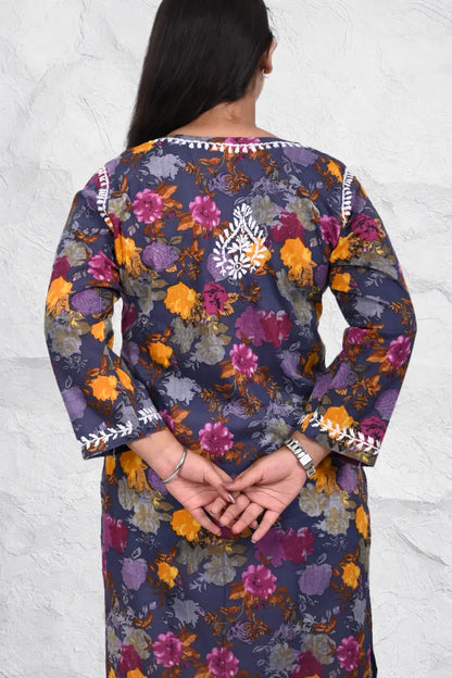Women casual blue floral rayon kurti with embroidered pattern