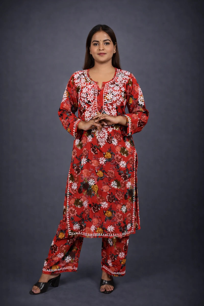 Women printed chikankari kurta set with plazo in soft rayon fabric