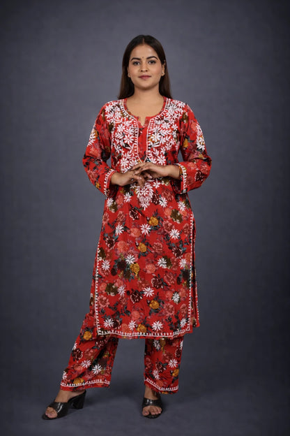 Women printed chikankari kurta set with plazo in soft rayon fabric