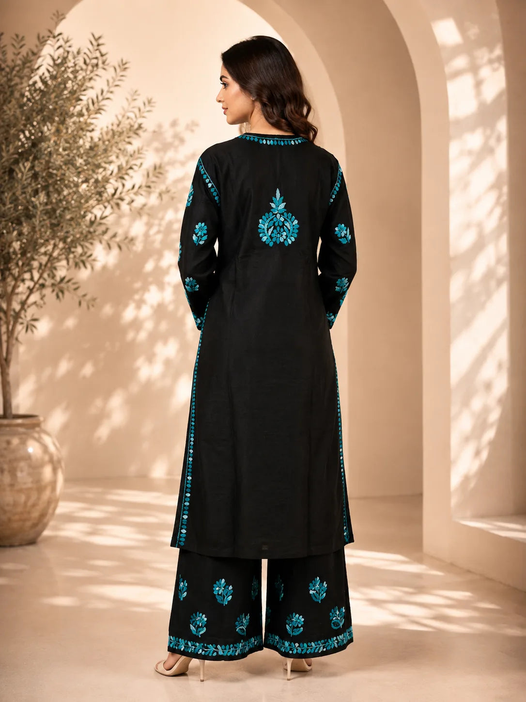 Women’s Black Modal Chikankari Set with Intricate Teal Floral Embroidery
