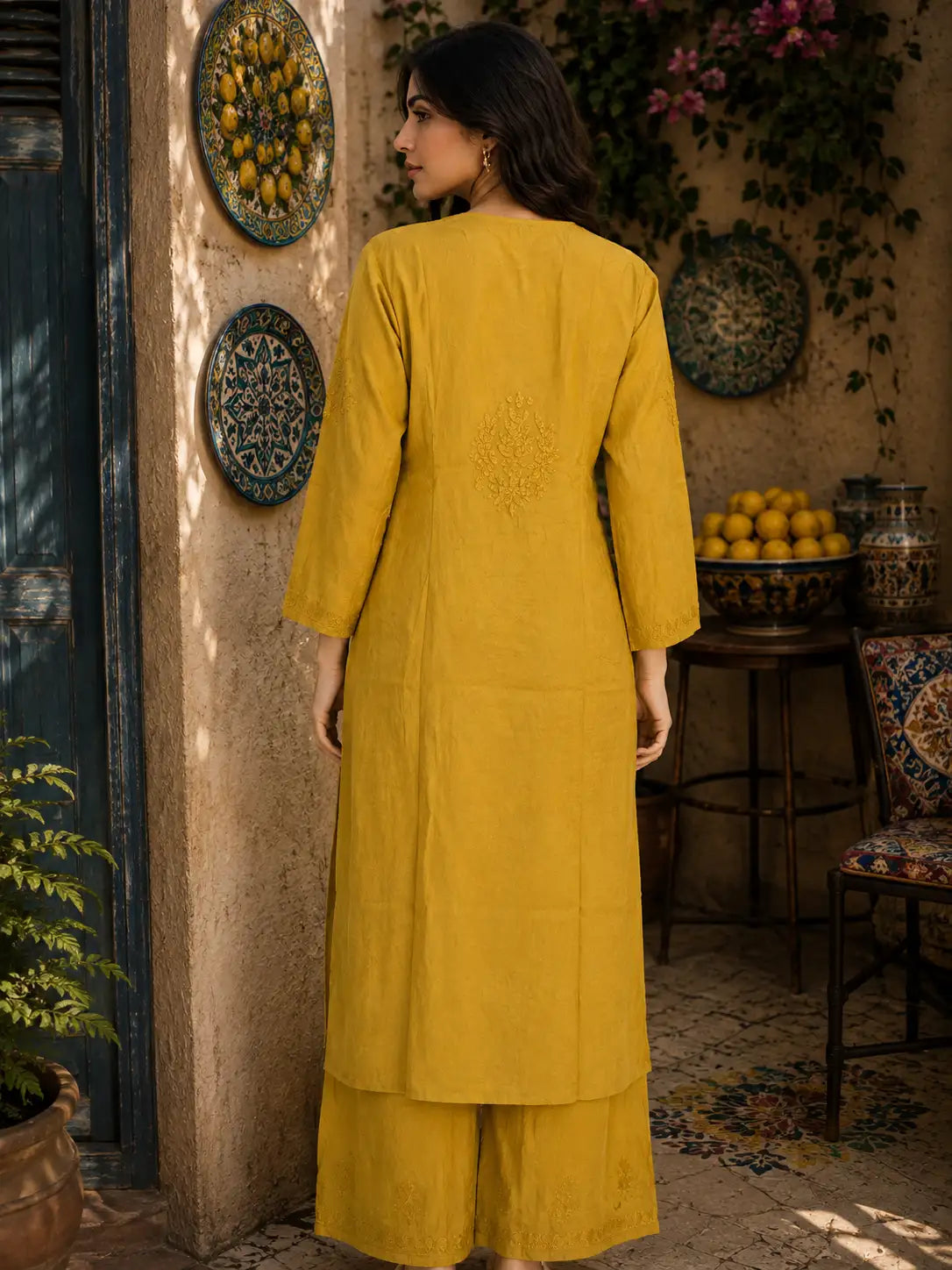 A woman wearing a mustard yellow three-piece kurta set, shown from the back in an outdoor courtyard setting with decorative plates, lemons, and a rustic wall.