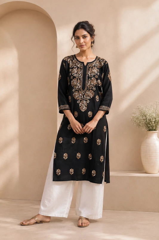 Women's Black Modal Floral Embroidered Straight Kurti