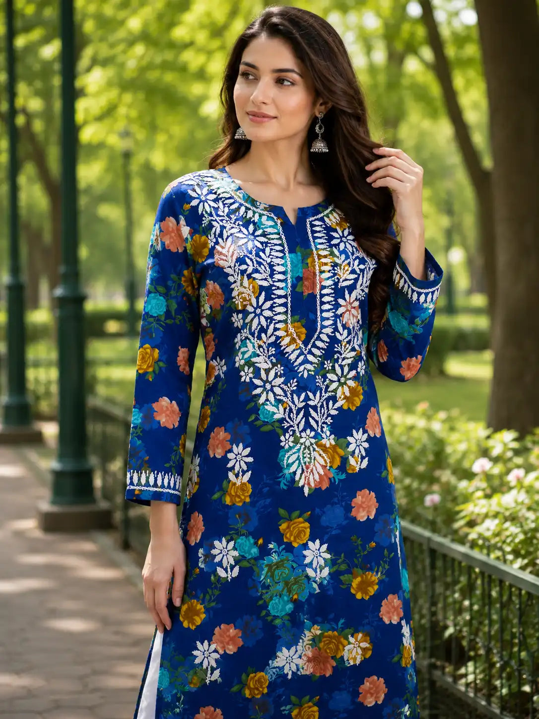 Women's Blue Malmal Cotton Floral Kurti with White Palazzo | Breathable Casual Ethnic Wear
