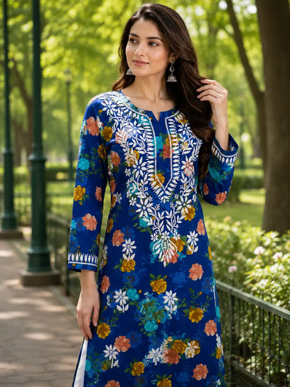 Women's Blue Malmal Cotton Floral Kurti with White Palazzo | Breathable Casual Ethnic Wear